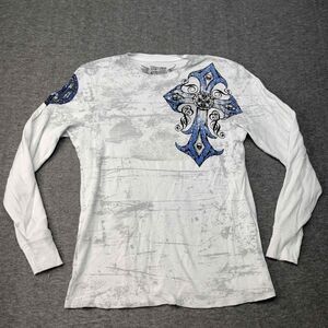 Raw State Premium Shirt Mens Small White Graphic Print Long Sleeve Trendy y2k